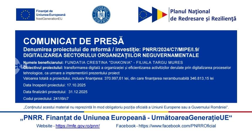 Comunicat de presa privind finalizarea proiectului Accelerarea digitalizarii pentru Fundatia Crestina Diakonia Filiala Targu Mures