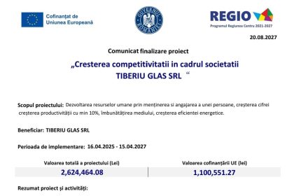 Comunicat de finalizare a proiectului Tiberiu Glas SRL