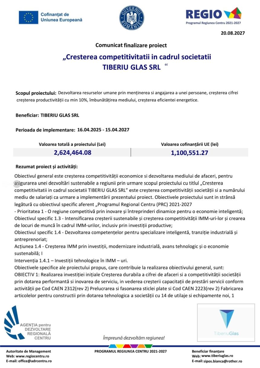 Comunicat de finalizare a proiectului Tiberiu Glas SRL