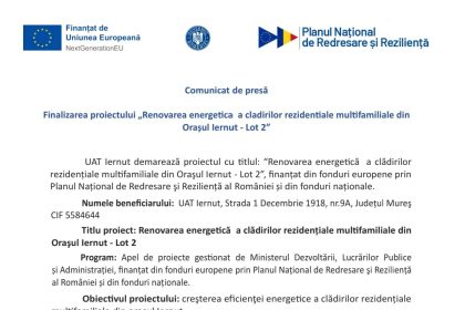 Finalizarea proiectului Imbunatatirea eficientei energetice a cladirilor rezidentiale multifamiliale din Orasul Iernut