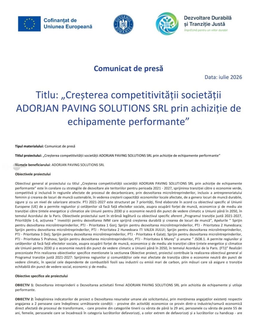 Imbunatatirea competitivitatii societatii ADORJAN PAVING SOLUTIONS SRL prin achizitia de echipamente moderne