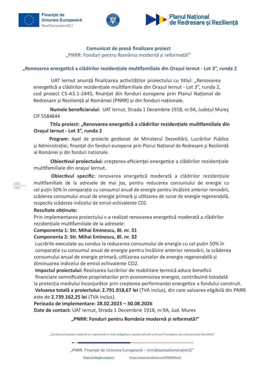 Modernizarea energetica a cladirilor rezidentiale multifamiliale din Orasul Iernut
