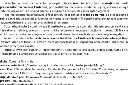 Finalizarea proiectului: construire creșă mică în Fântânele, Mureș