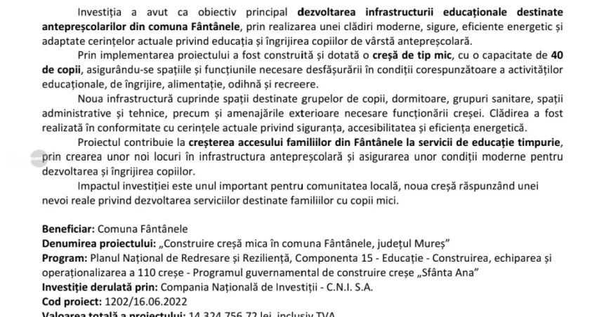 Finalizarea proiectului: construire creșă mică în Fântânele, Mureș