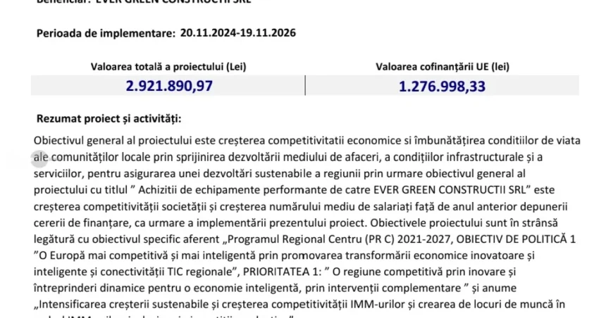 EVER GREEN CONSTRUCTII SRL anunță finalizarea proiectului și achiziții de echipamente