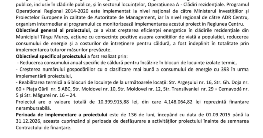 Târgu Mureș finalizează proiectul de eficiență energetică la clădirile rezidențiale